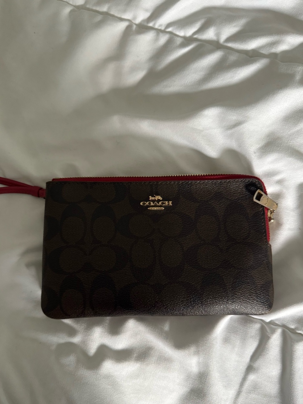 Coach Signature Canvas Wristlet in Brown with Red Trim